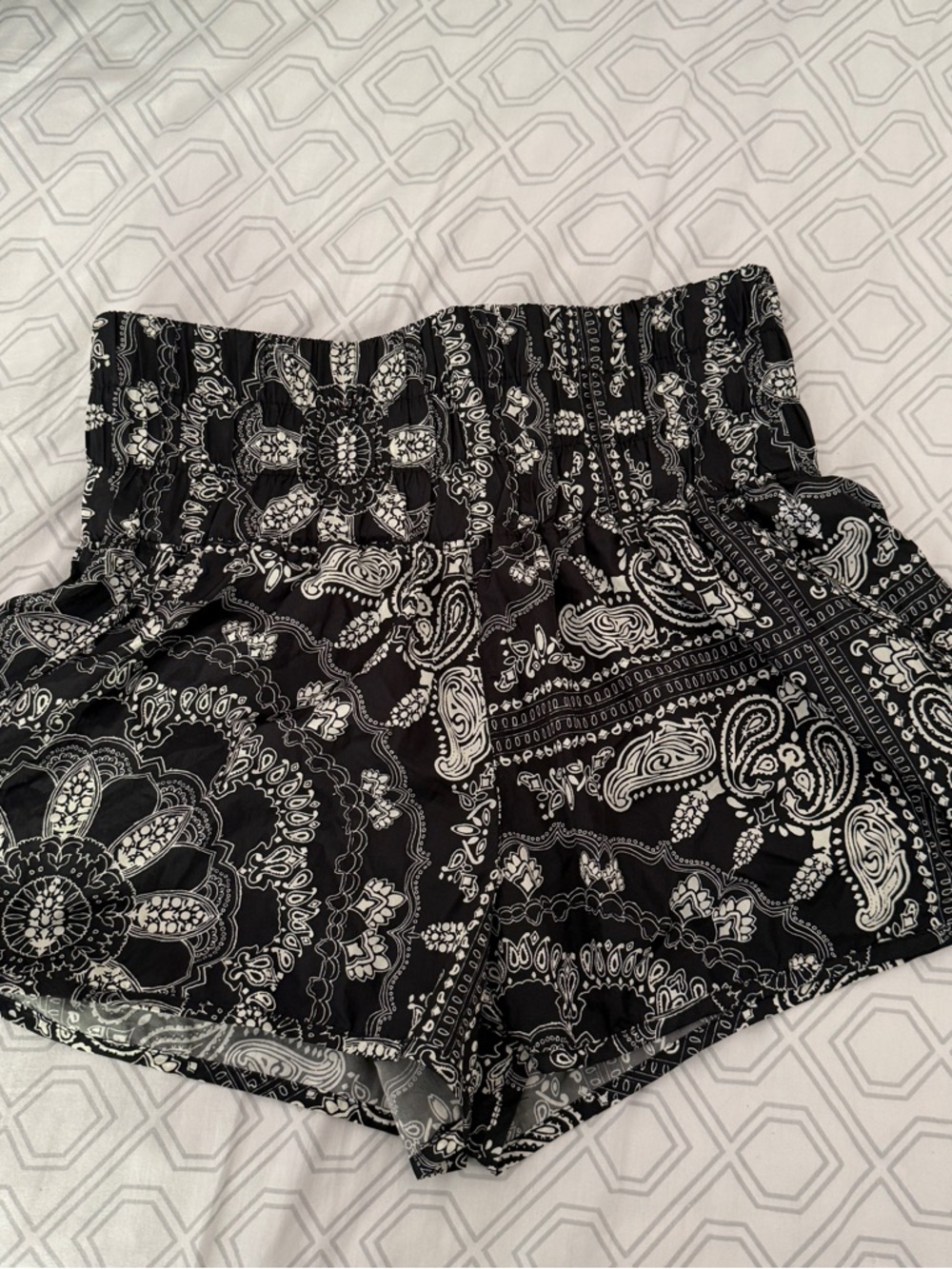 Free People Black & White Paisley Smocked Waist Athletic Shorts